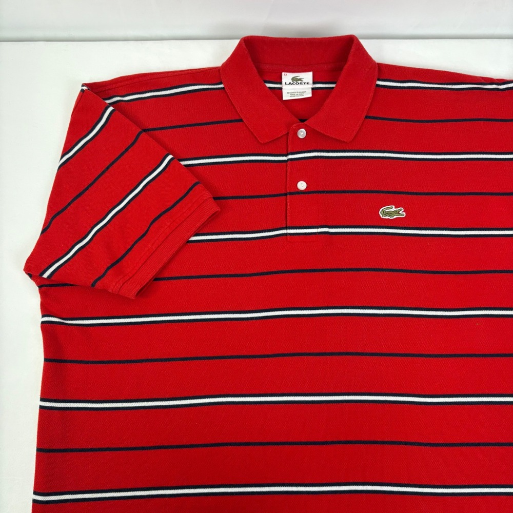 Lacoste‎ Mens Striped Polo Shirt Red Navy White Short Sleeve Pique Knit 12 XXL